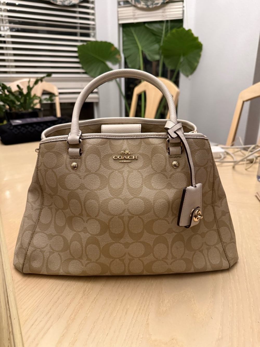 Coach Tan Logo-Print Satchel with Light Tan Trim